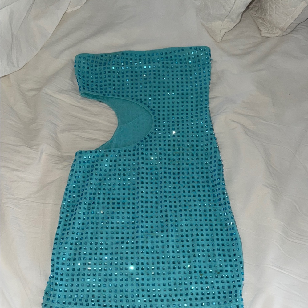 White Fox Boutique Aqua Sequin Cut-Out Mini Dress